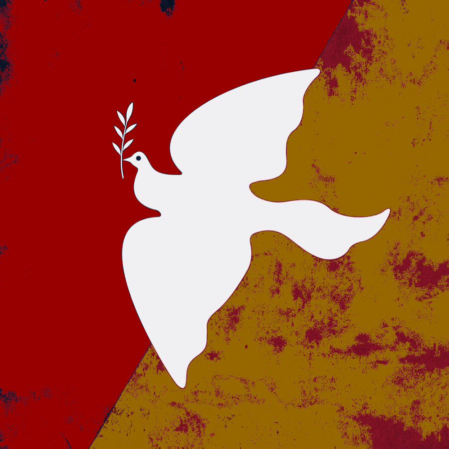 White Dove flying over yellow and red background