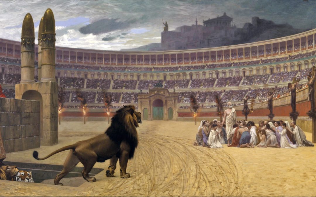 Oroszlán az arénában. Keresztény vértanúk, Krisztus üldözött tanítványai. Római aréna, keresztre feszített és égő keresztények.