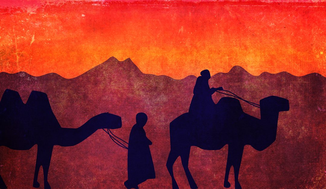Abraham con camellos saliendo de la tierra de Aram