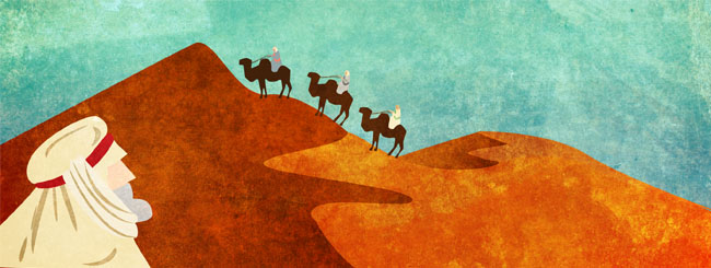 Abraham regardant les trois anges arrivant sur des chameaux avec des dunes et du ciel en arrière-plan