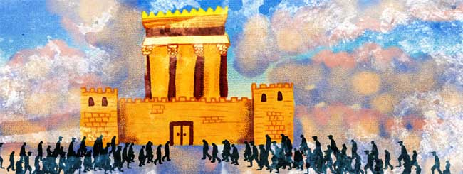 Segundo Templo de Jerusalén. Tercer Templo de Jerusalén. Templo de Salomón con peregrinos subiendo al Monte del Templo.