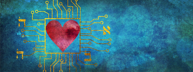 Corazón rojo rodeado de chips electrónicos y letras hebreas con dibujo gráfico de fondo azul y verde