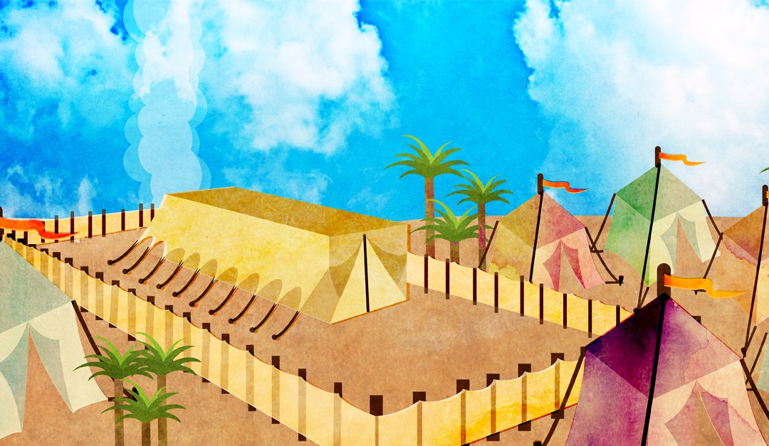 drawing of the Holy Tabernacle in the desert with palm trees. Mishkan.