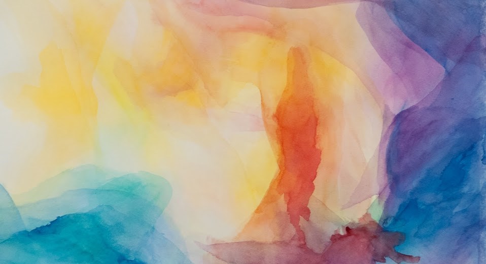 צללית מטושטשת של ישו מהלך ברקע ציור מופשט צבעוני ורב צבעים.